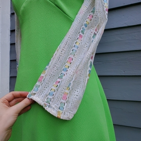 Vintage 70s Handmade Cottagecore Prairie Neon Green Rainbow Maxi dress XS - Picture 5 of 7